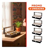 Pack4 Caja Negro 6 Ranuras para Reloj con Compartimentos Y+Regalo Sticker